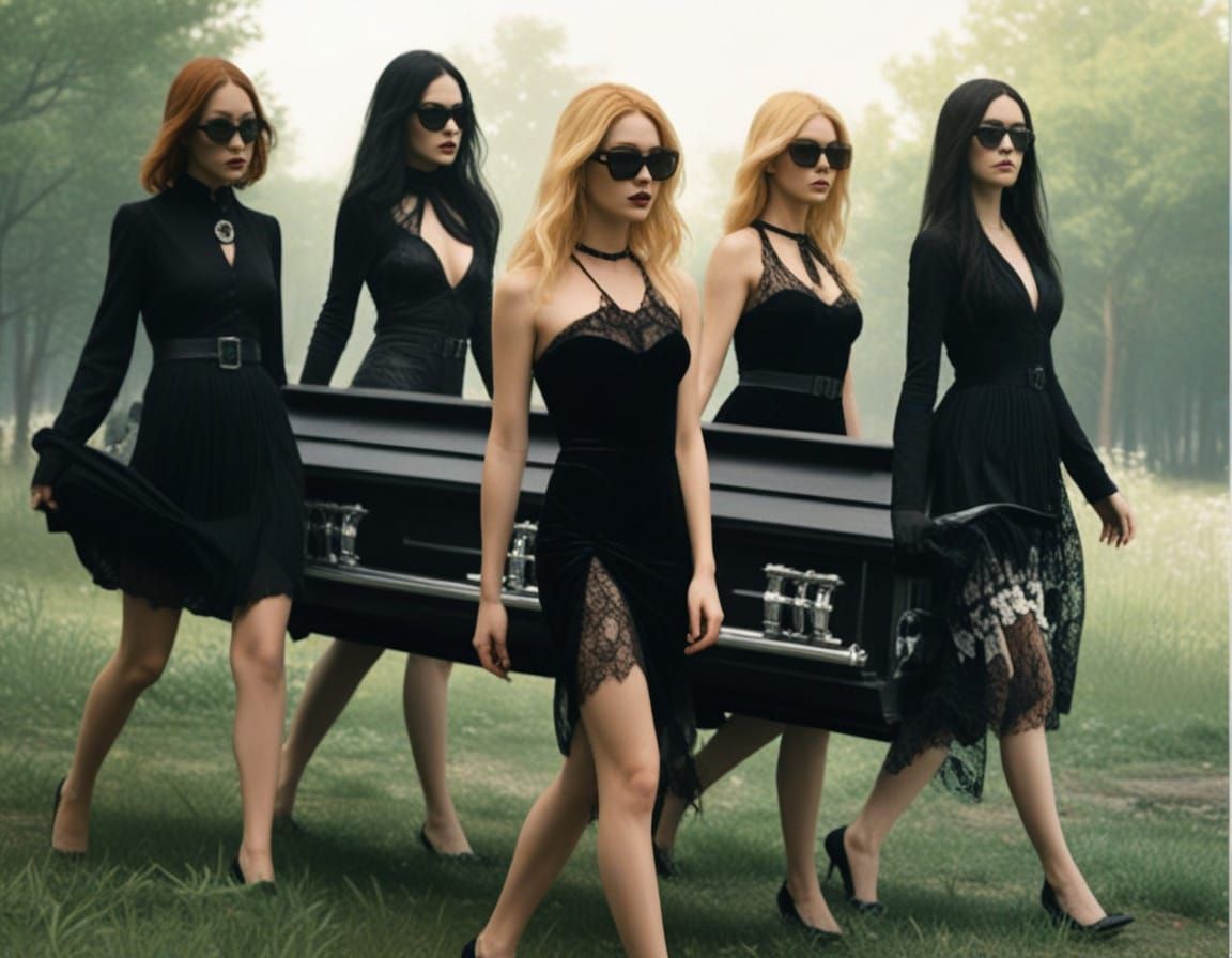 Elegant Gothic Maidens Converge on a Velvet-Draped Coffin