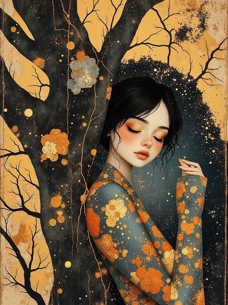 Woman Entwined with Tree in Vibrant Klimt-Inspired Style