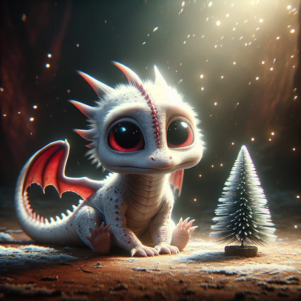 Endearing Cartoon Dragon Peers Over Christmas Tree