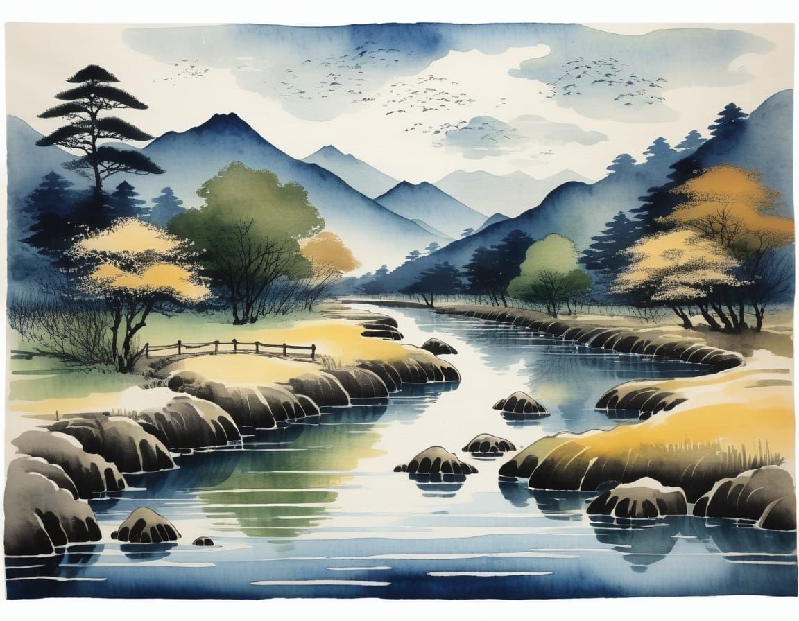 Japanese Poem Depicted in Watercolor and Ink