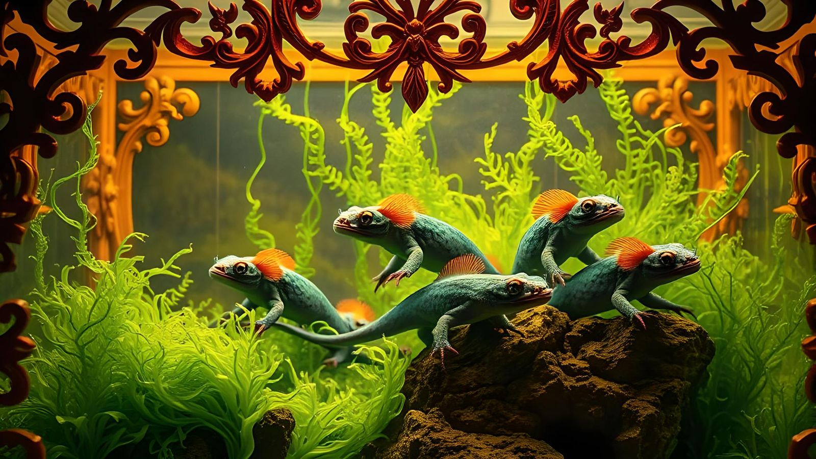 Ornate Aquarium with Axolotls and Algae