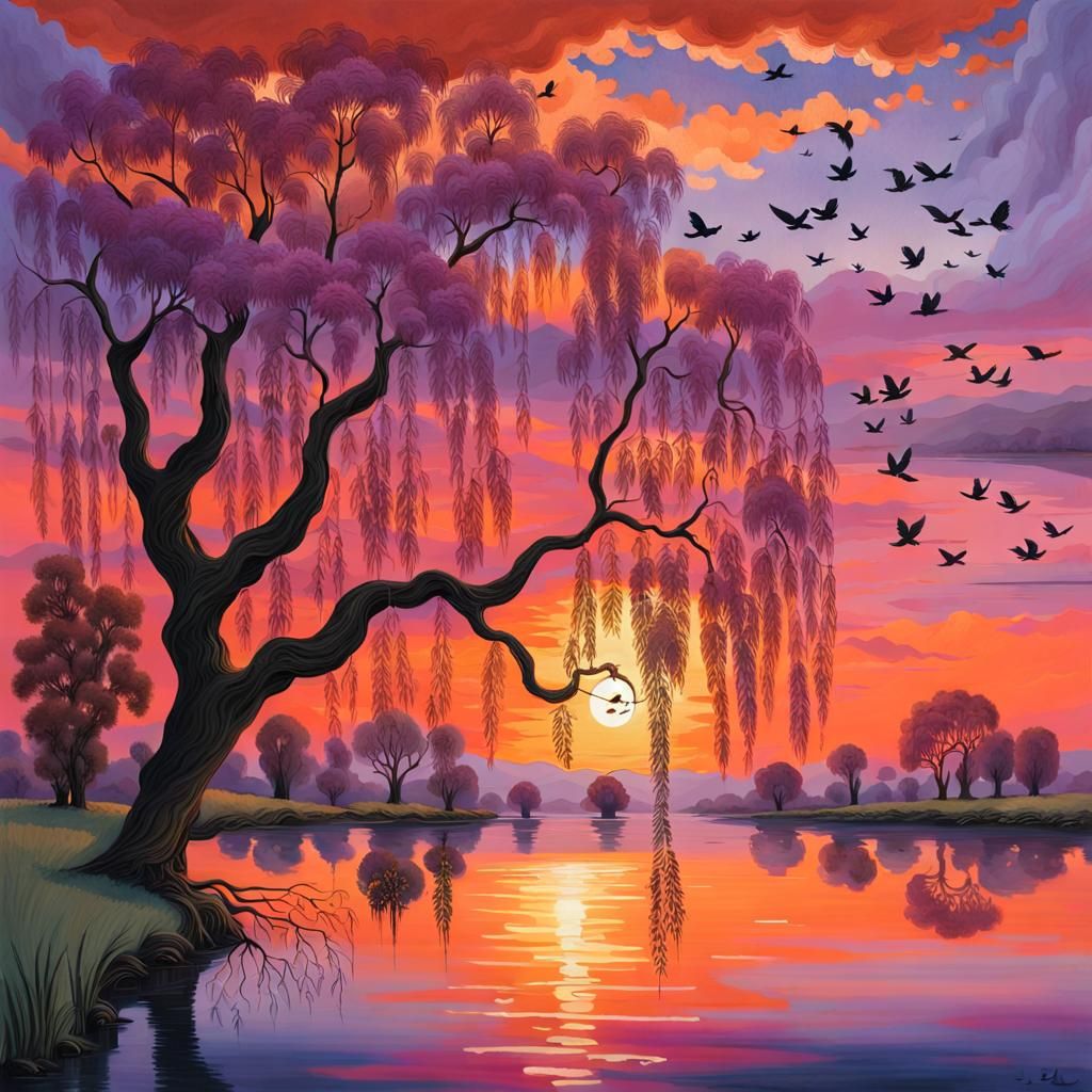 Surreal Sunset Over Lake in Pre-Raphaelite Style