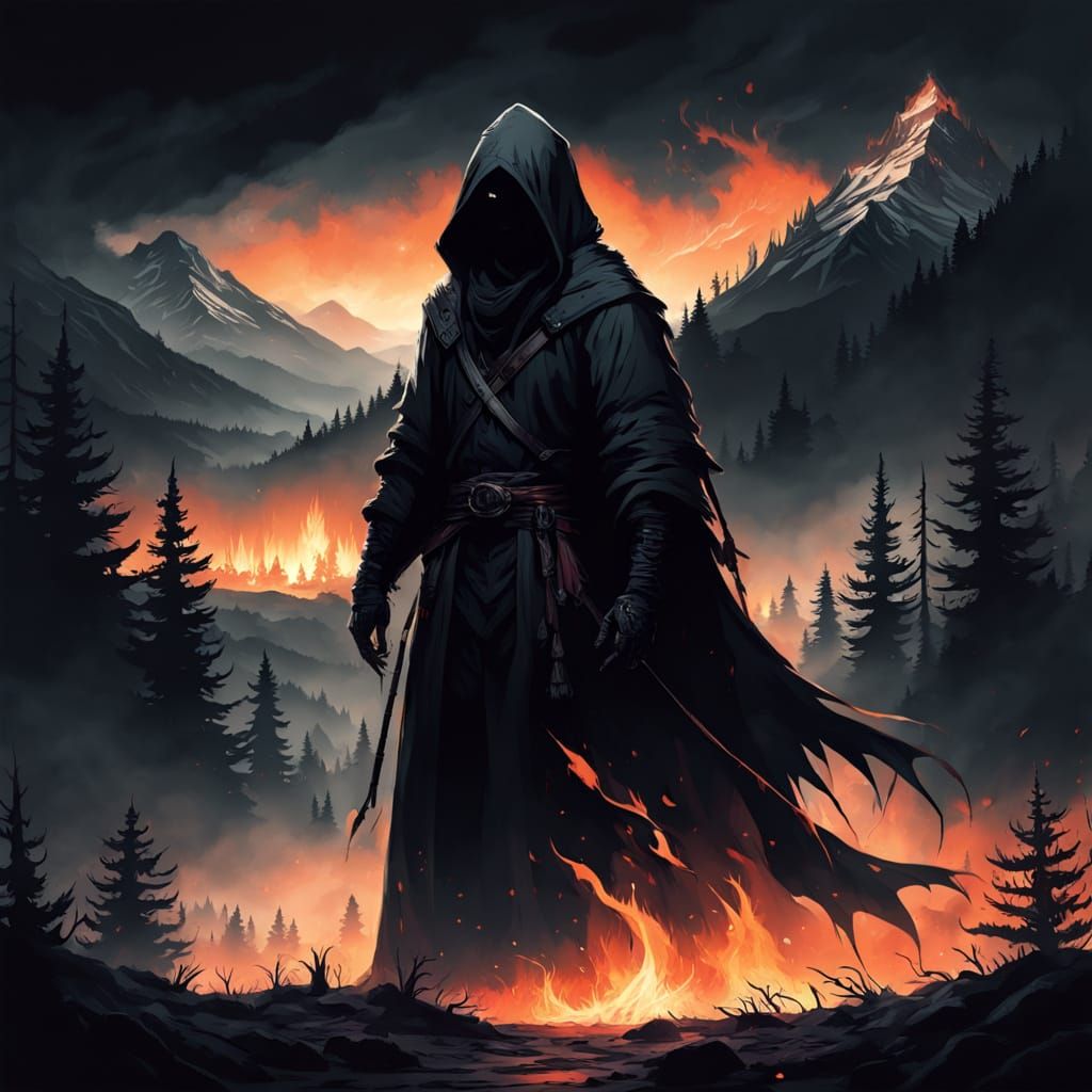 Hooded Figure in Burning Dark Fantasy Landscape