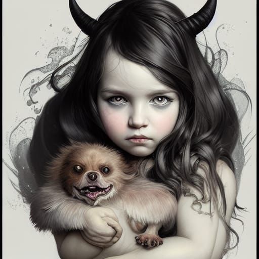 Toddler with Demon Dog Portrait in Art Nouveau Style
