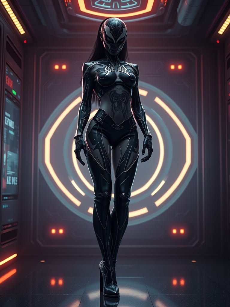Futuristic Woman in High-Tech Suit with Glowing Accents