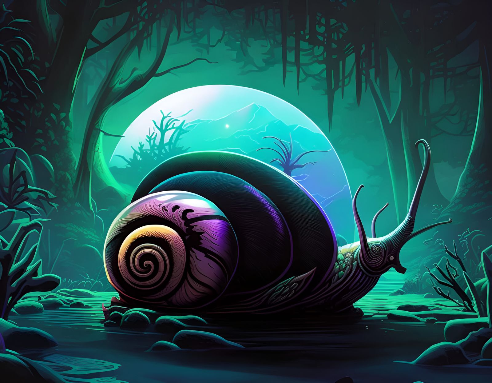 Bioluminescent Snail in Forest at Night