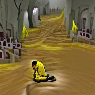 Solitary Man Weeping in Yellow Corridor