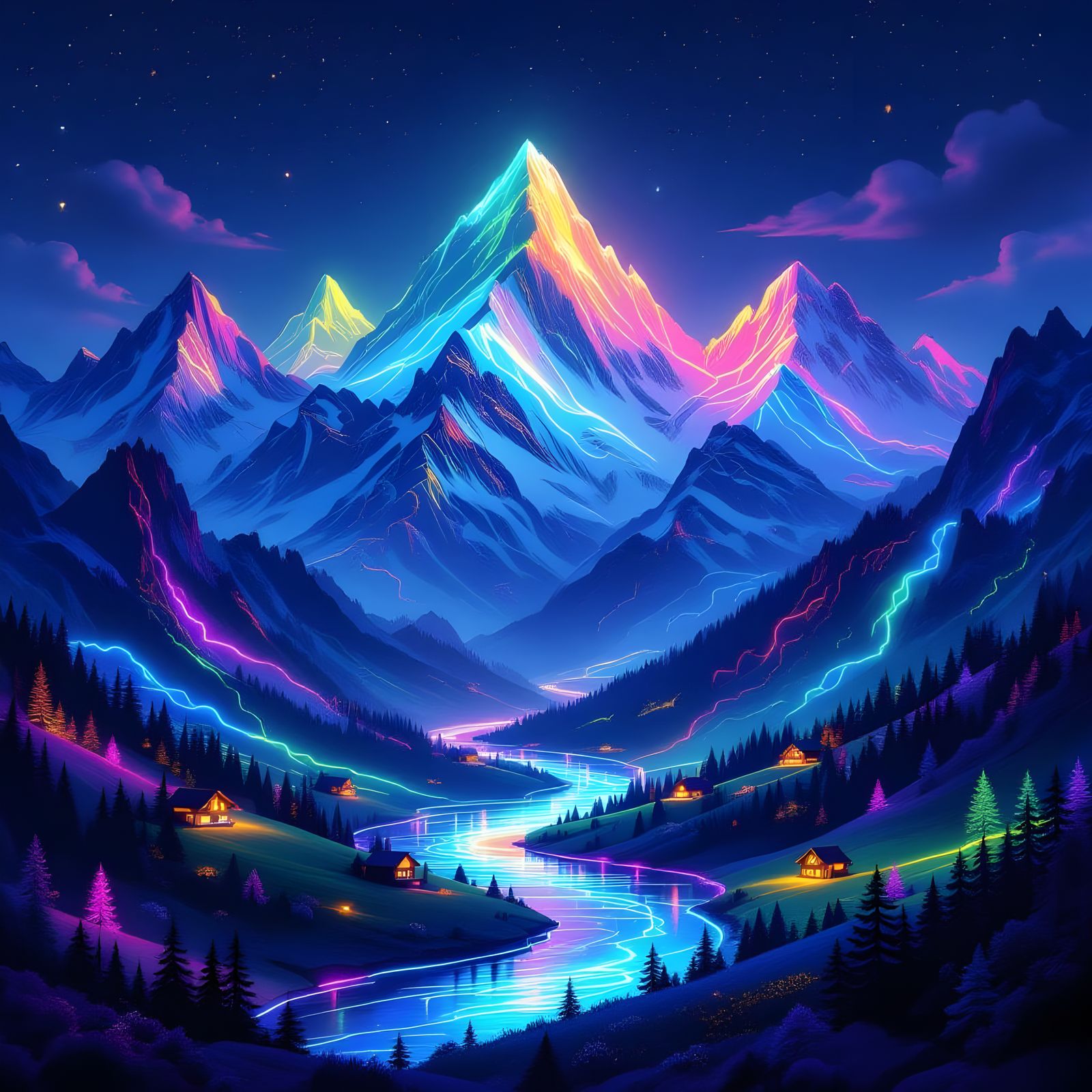 Surreal Neon Mountain Range at Night