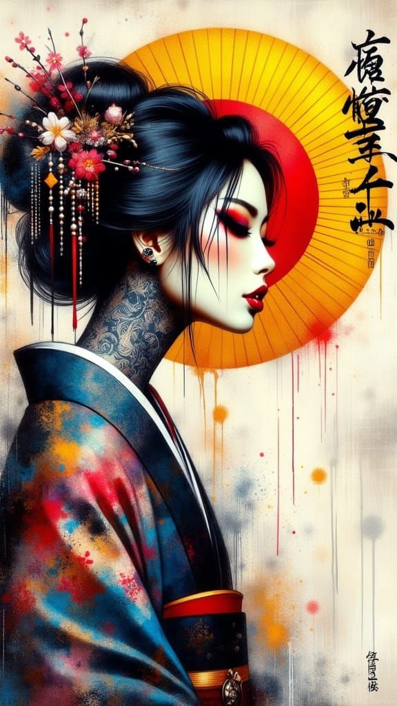Stylized Geisha Painting with Abstract Splatter Effects