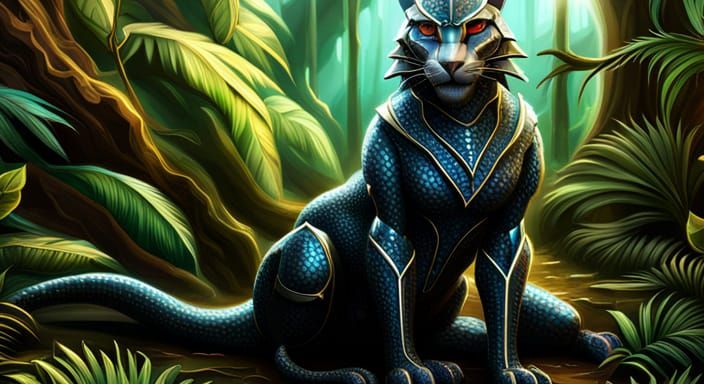 Diamond Armored PantherCatDragon in Jungle: 3D Render