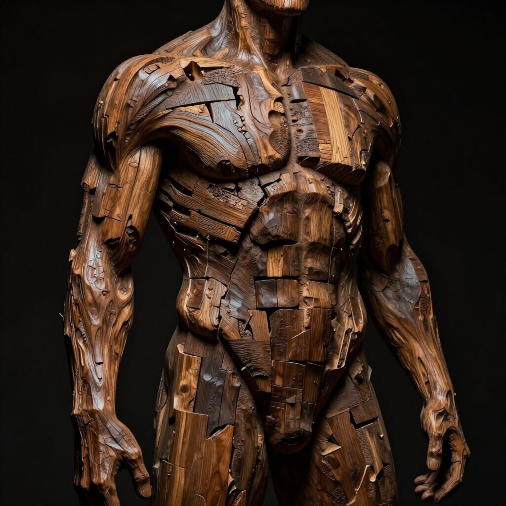 Man Carved from Oak Wood Transforming into Bricks