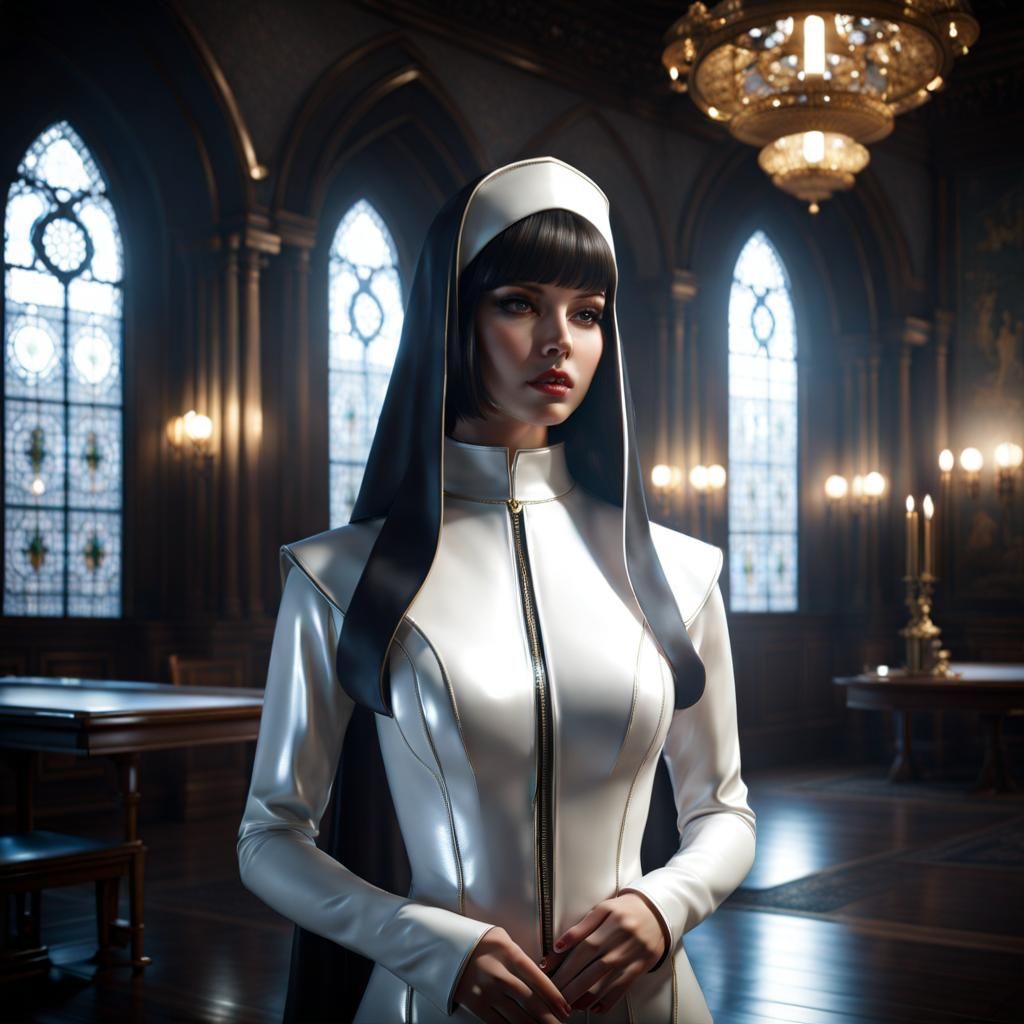 Dark Haired Nun in White Latex Costume