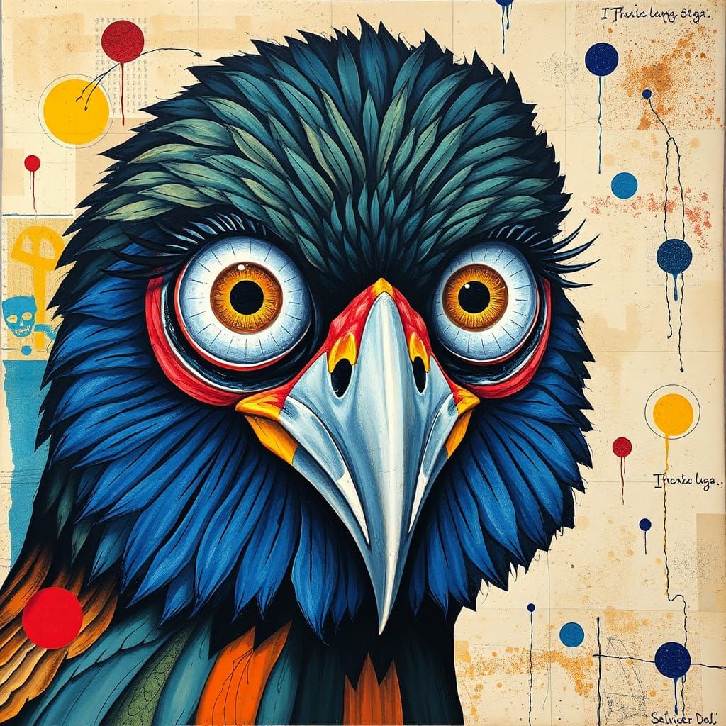 Vibrant Folk Art Bird Portrait in Mixed Media Style