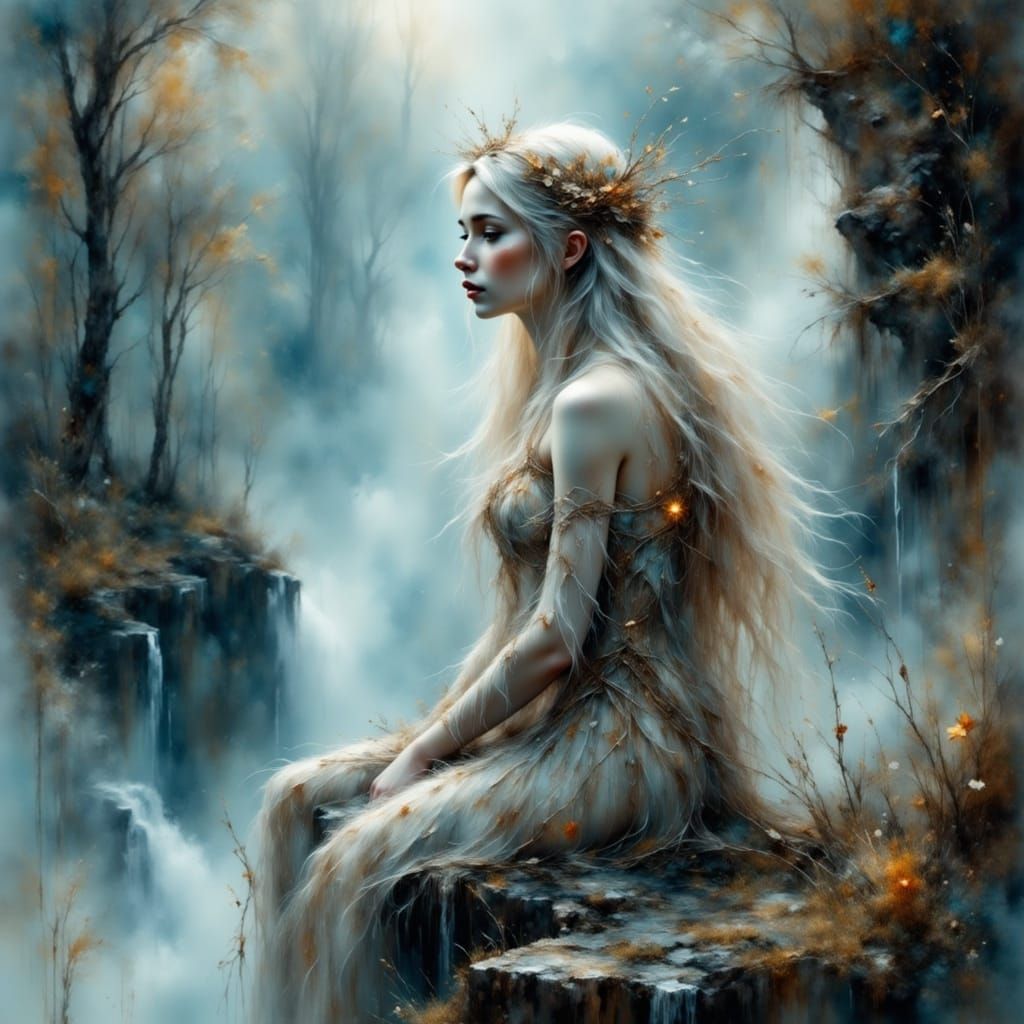 Ethereal Woman at Mystical Waterfall in Hyperrealism