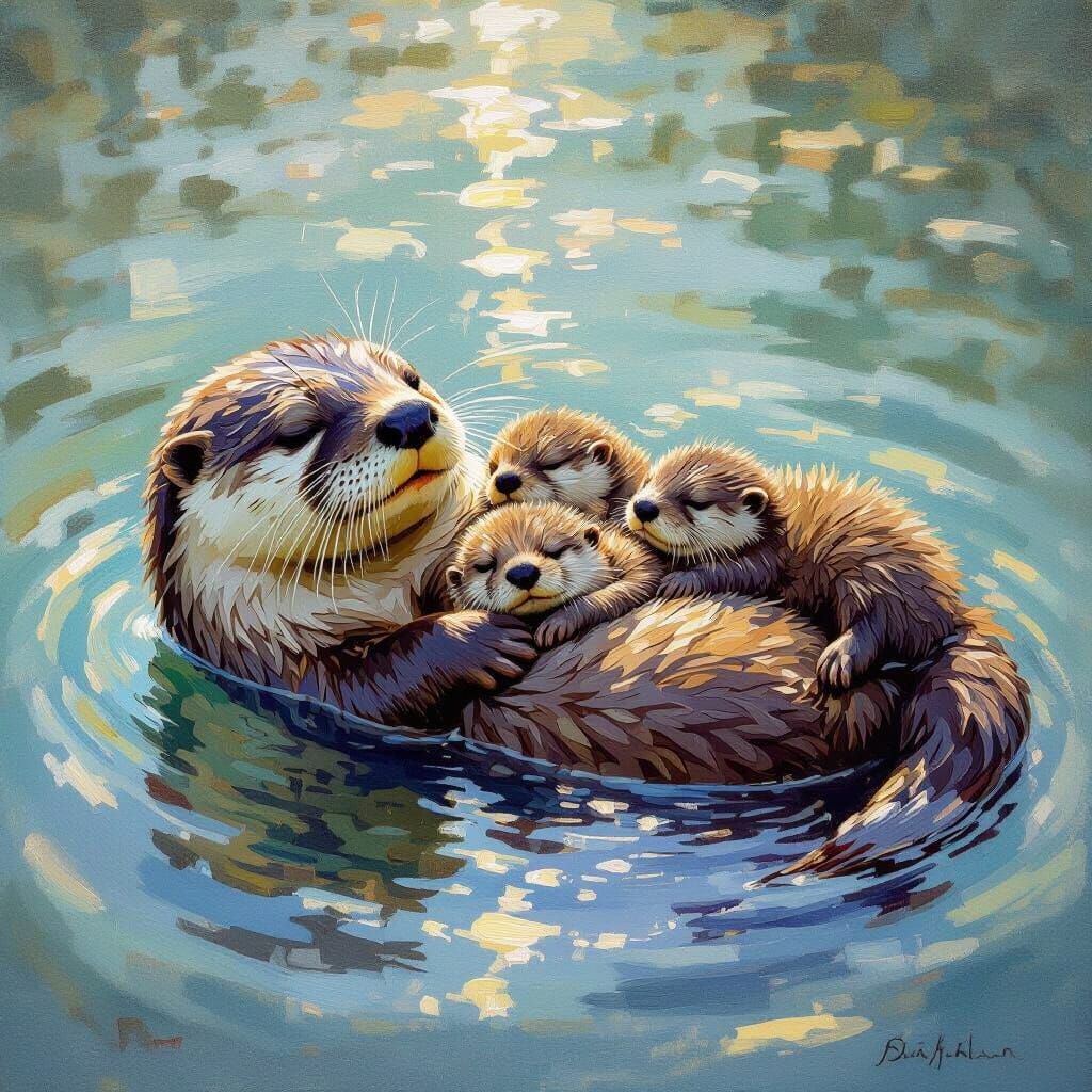 Mother Otter Sleeps with Pups in Impressionistic Oil Paintin...