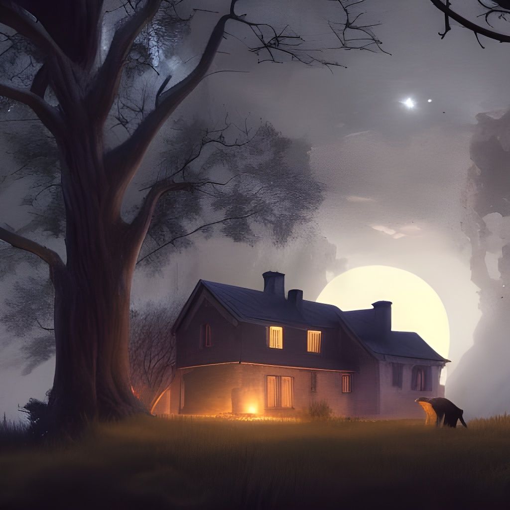 Farmhouse Under Blood Moon in Cosmic Mixed Media