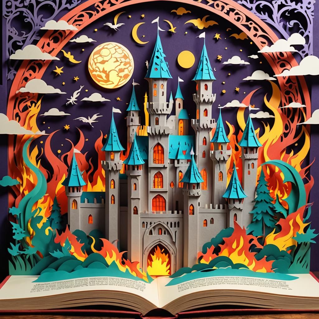 Psychedelic Paper Cut Castle with Dragons
