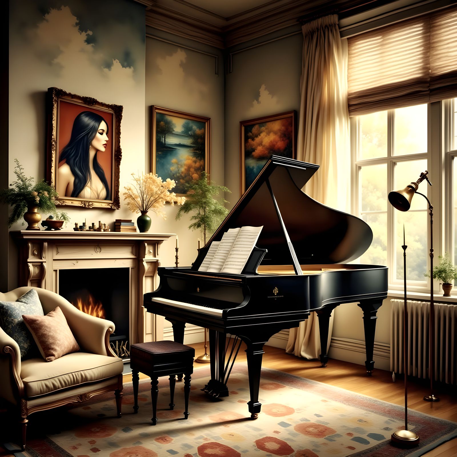 Cozy Living Room with Grand Piano and Telescope