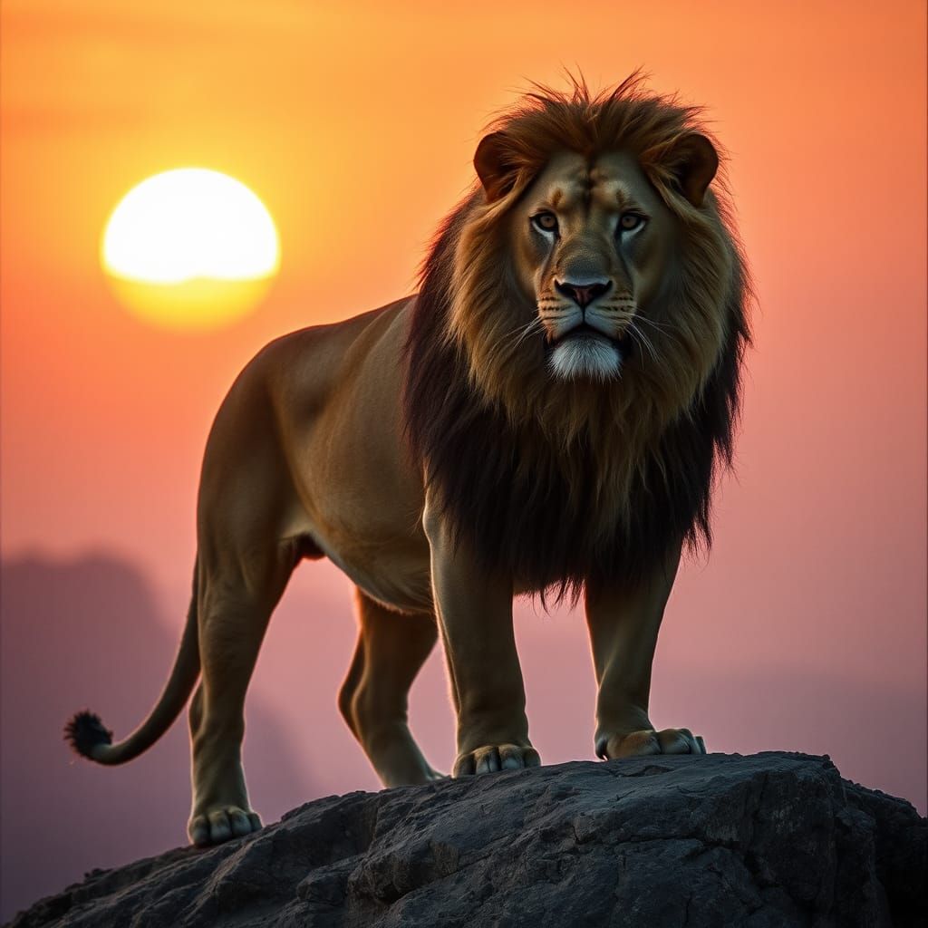 Regal Lion on Cliff at Sunset, Cinematic Style