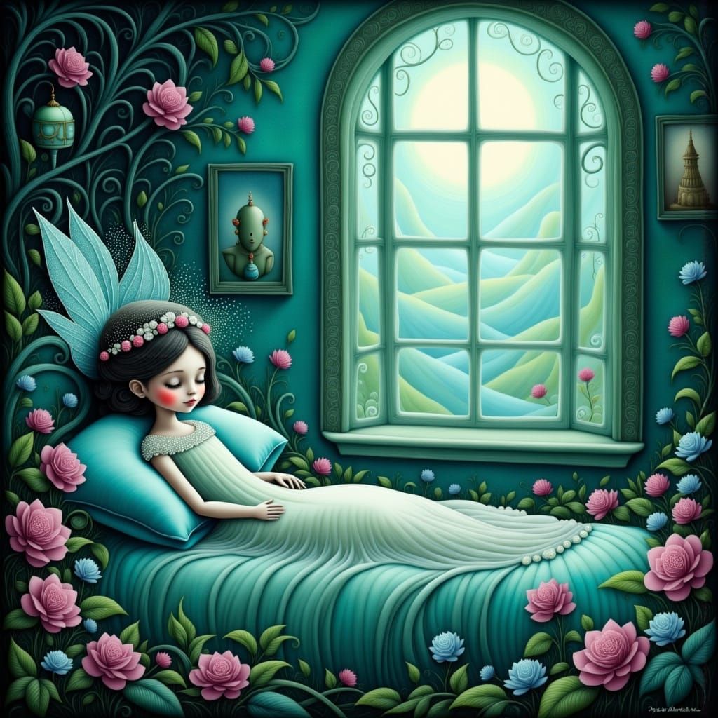 Fairy Weaves Dreams for Sleeping Girl in Ethereal Moonlight