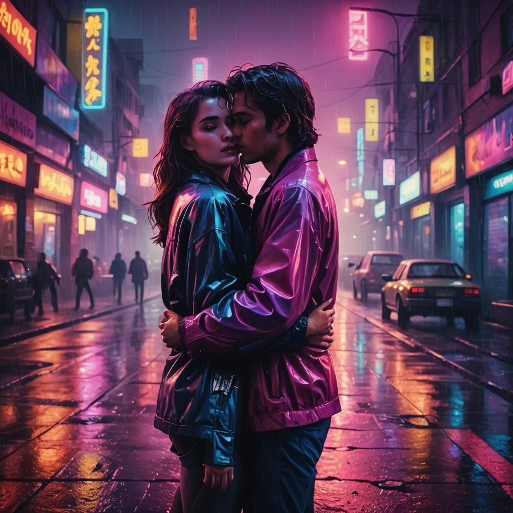 Neon Embrace: Synthwave Couple in Rainy City