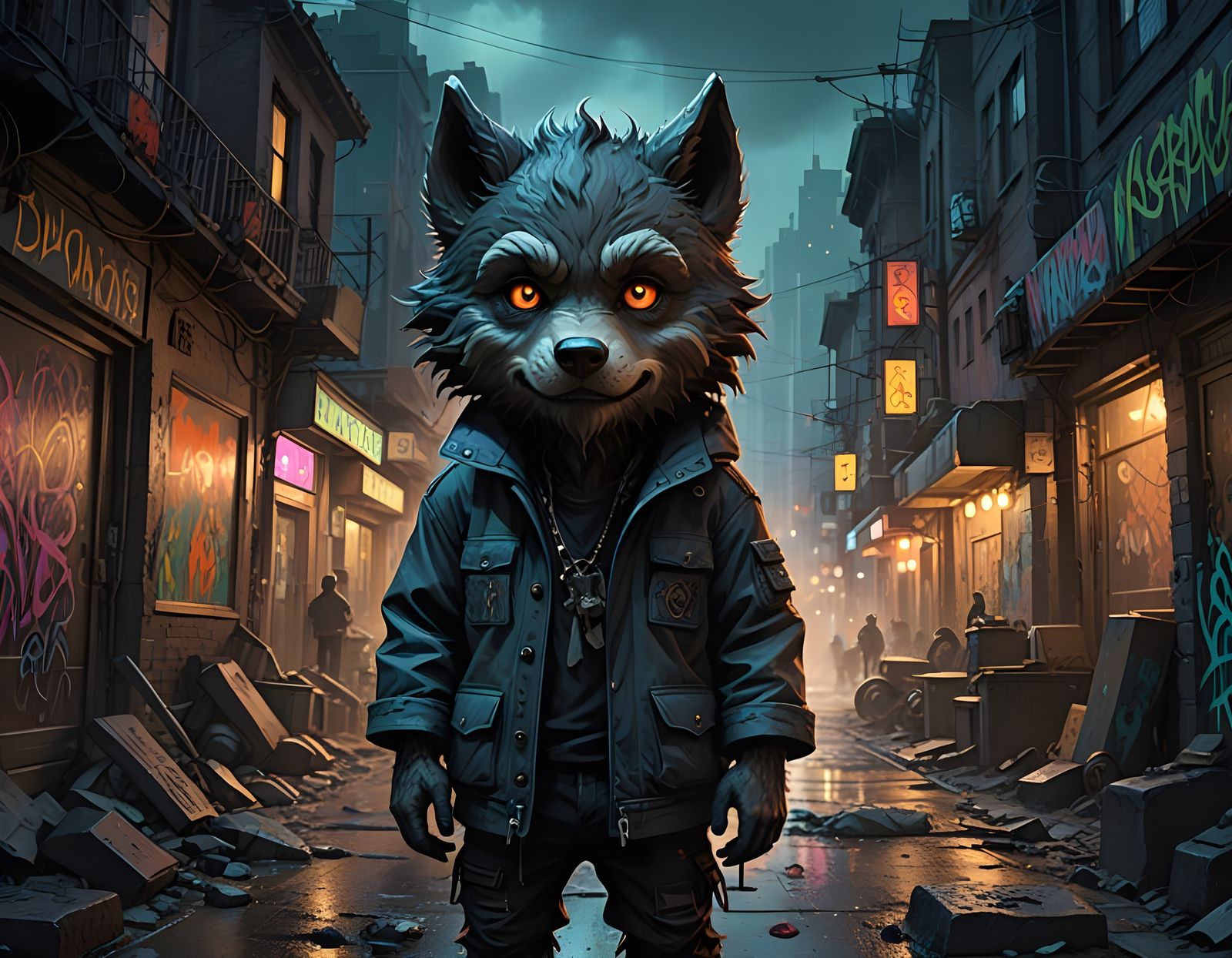 Whimsical Chibi Wolfman Portrait in Street Art Style