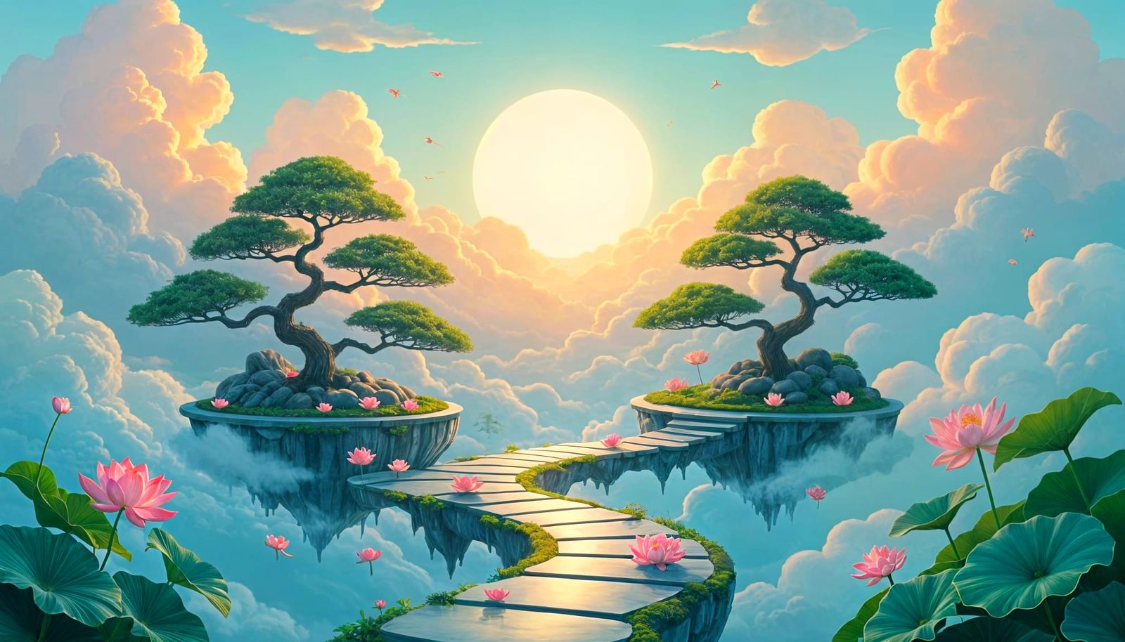 Symbolic Surreal Garden Floating in Clouds