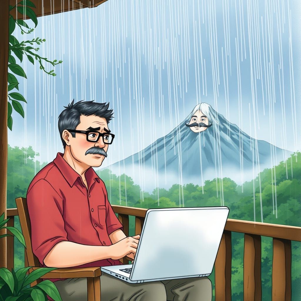 Thoughtful Gentleman Surrounded by Whimsy in Rainy Landscape