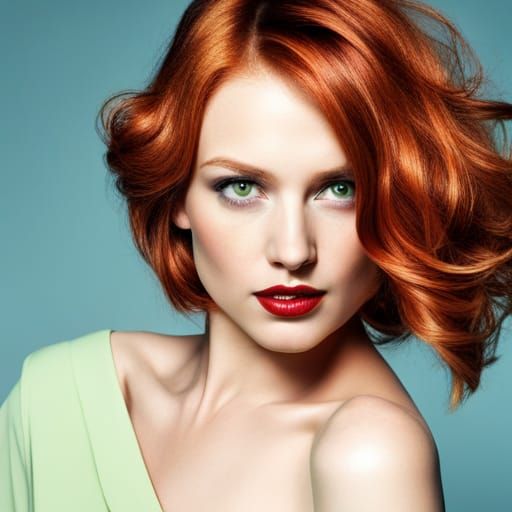 Woman with short red hair, in yellow green flowing dress, green eyes, looking into the camera with a slight smile