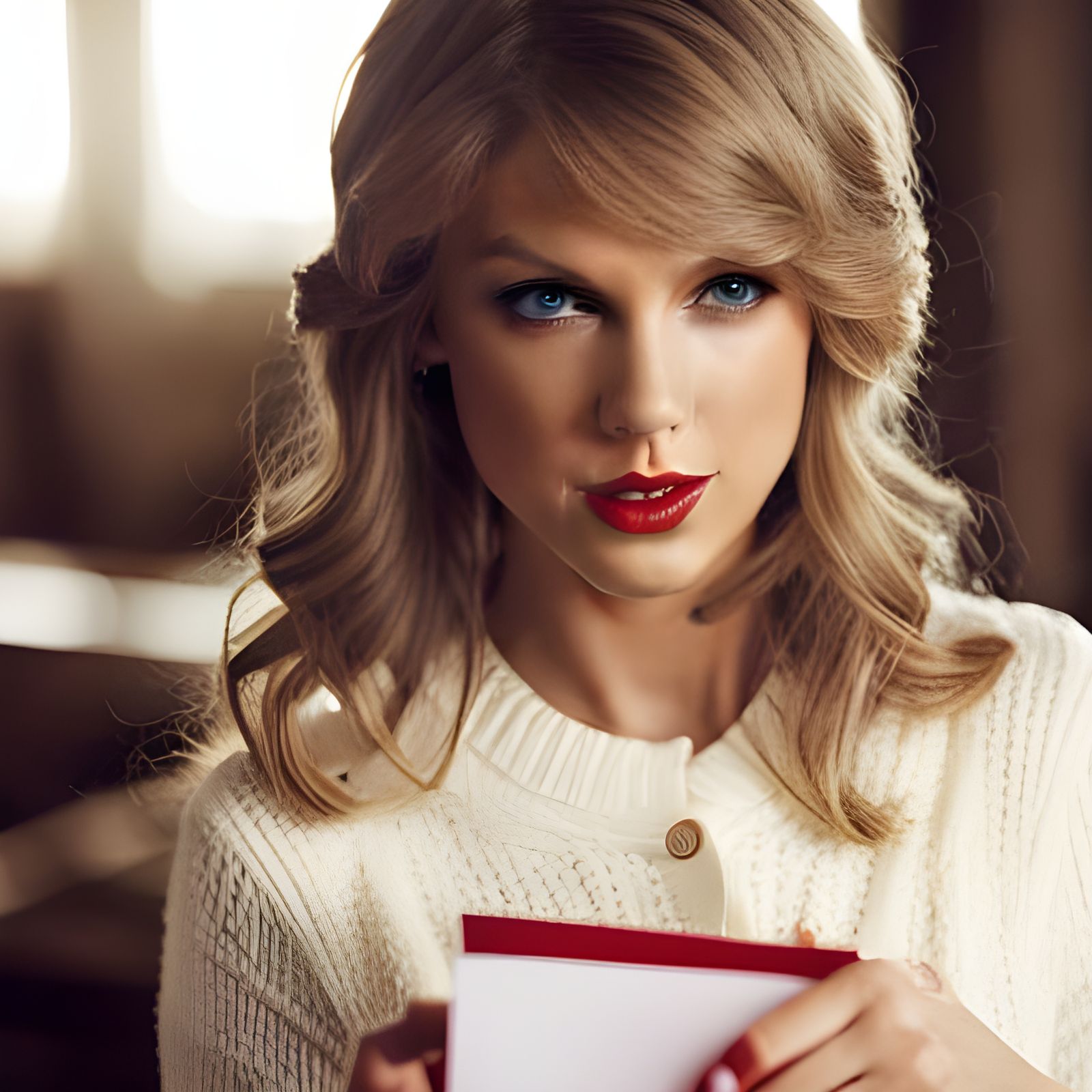 Celebrity Portrait in Cardigan Holding Card