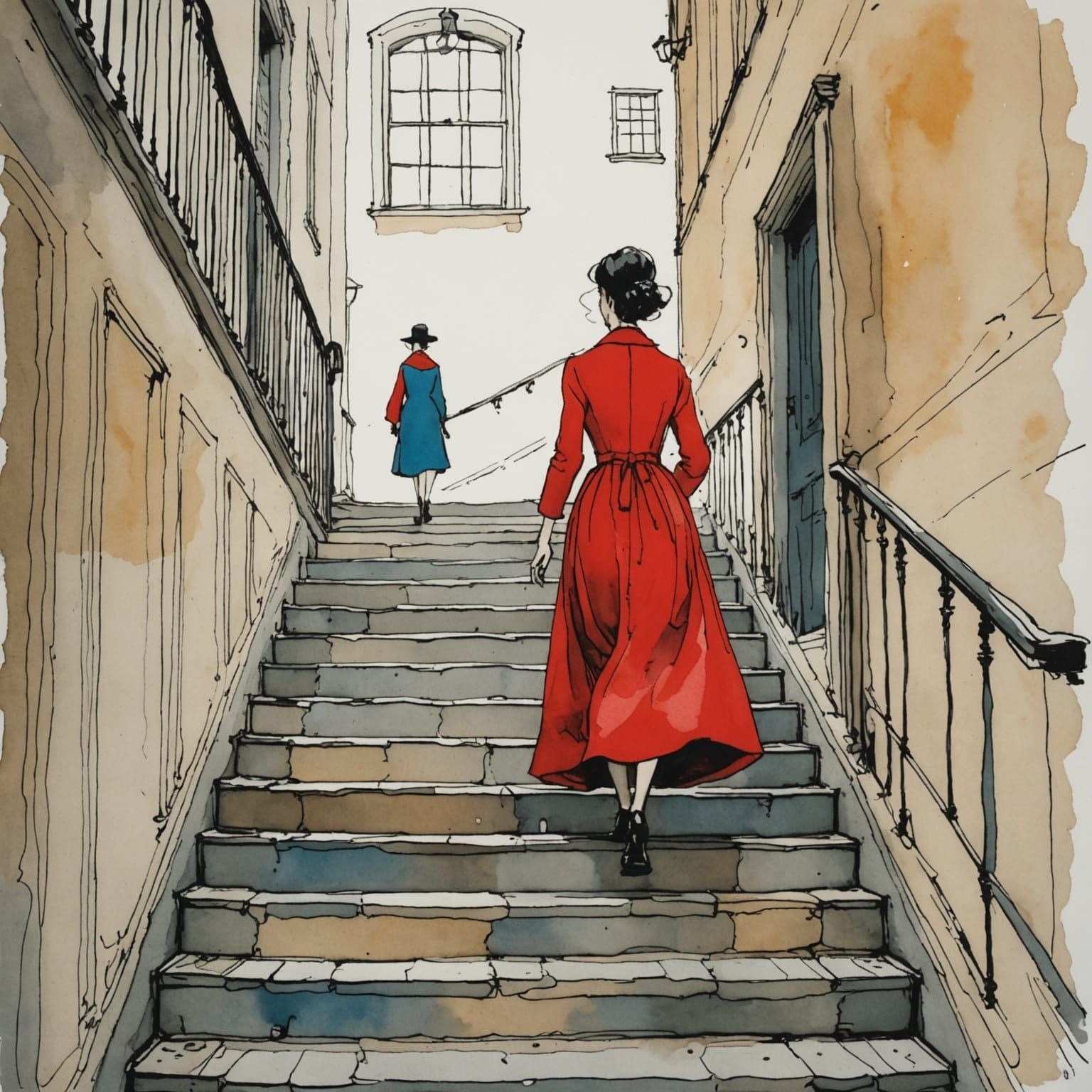 Woman in Red Gown Descends Stairs in Sketchy Academic Style
