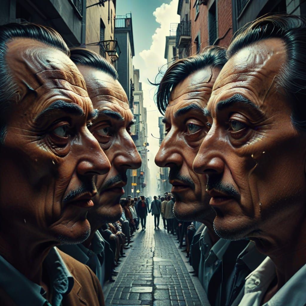 Surreal Cityscape of Shifting Faces in Surrealist Style