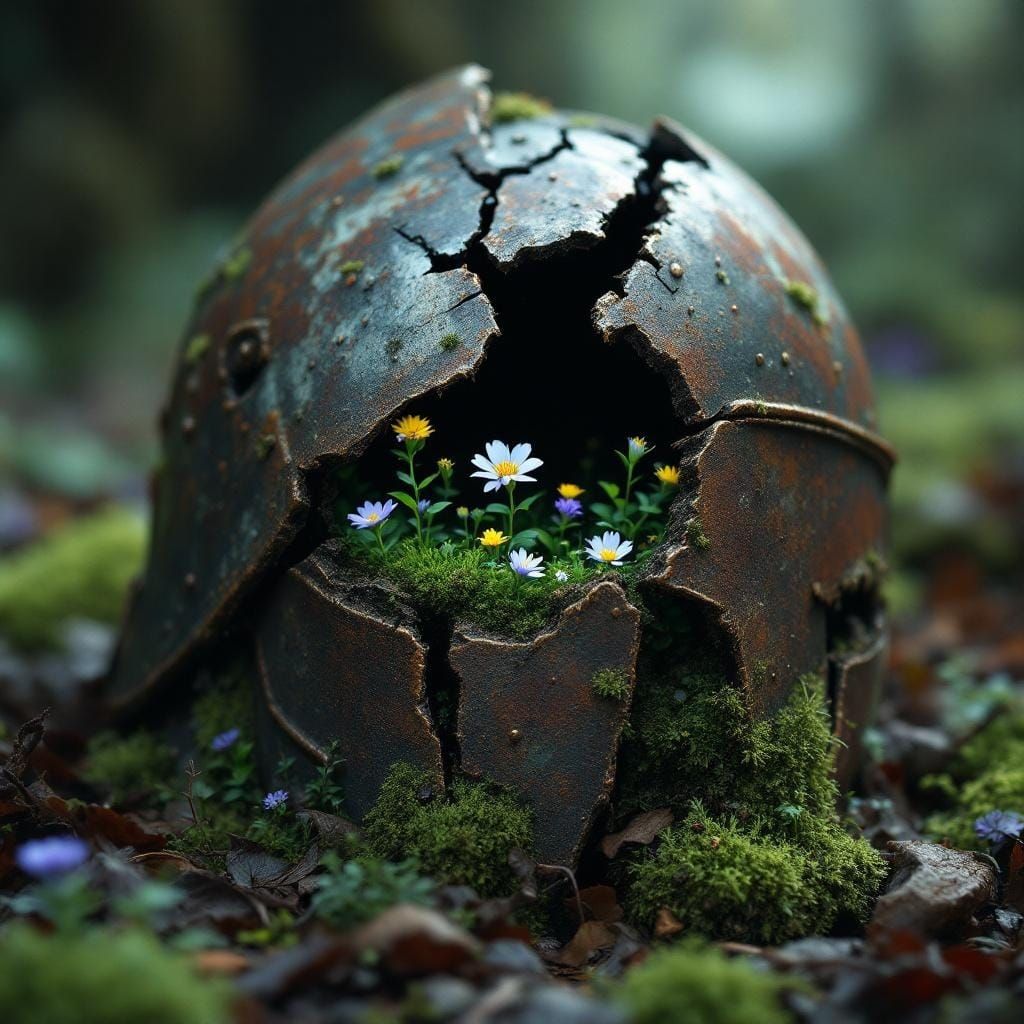Miniature Garden in Celtic Helmet, Dark Fantasy Art
