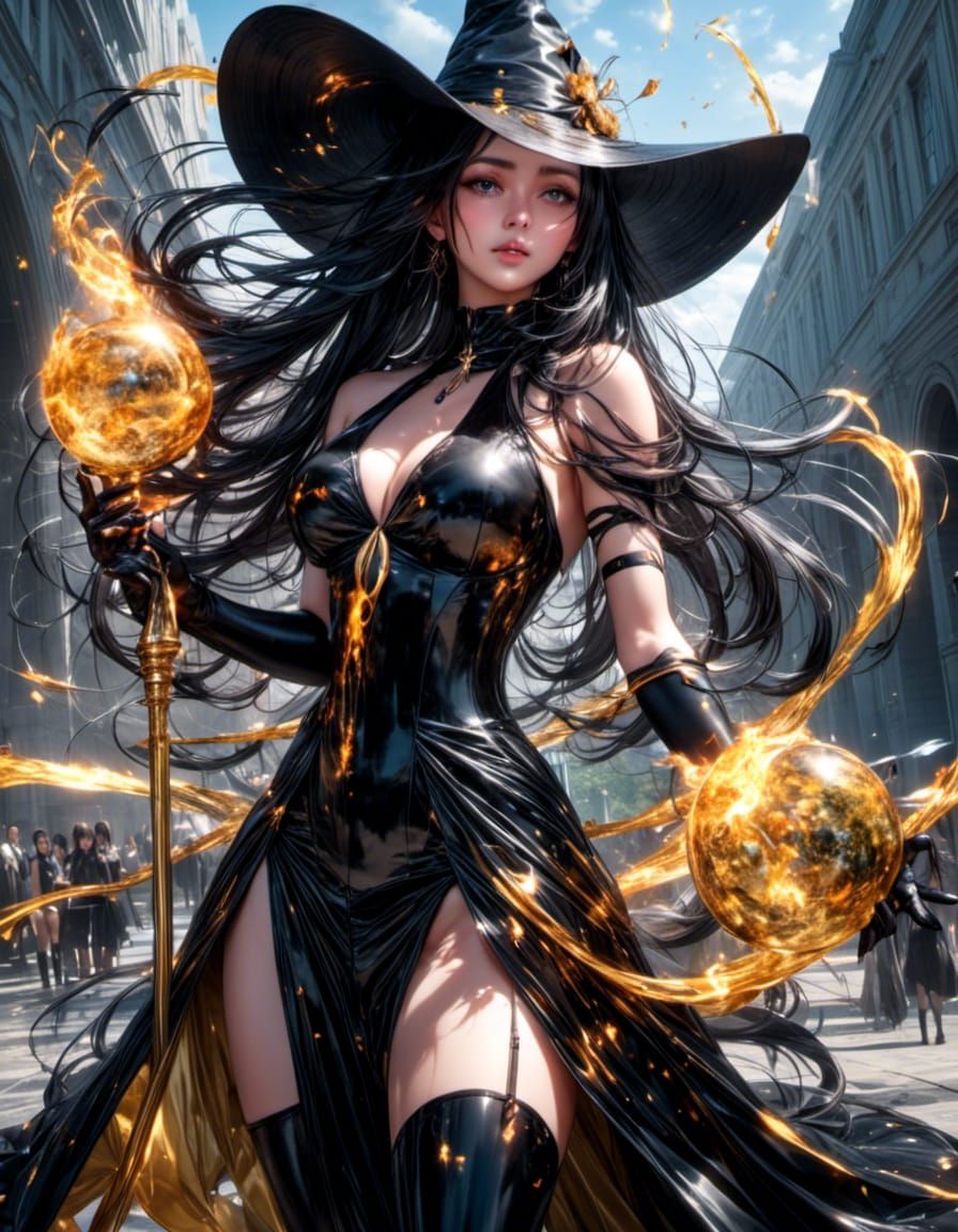 Photorealistic Witch with Dragon and Golden Wand