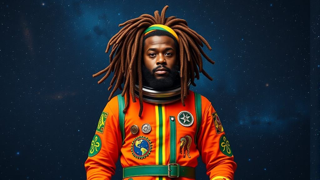 Cosmic Rastafarian Hero in Vibrant Spacesuit