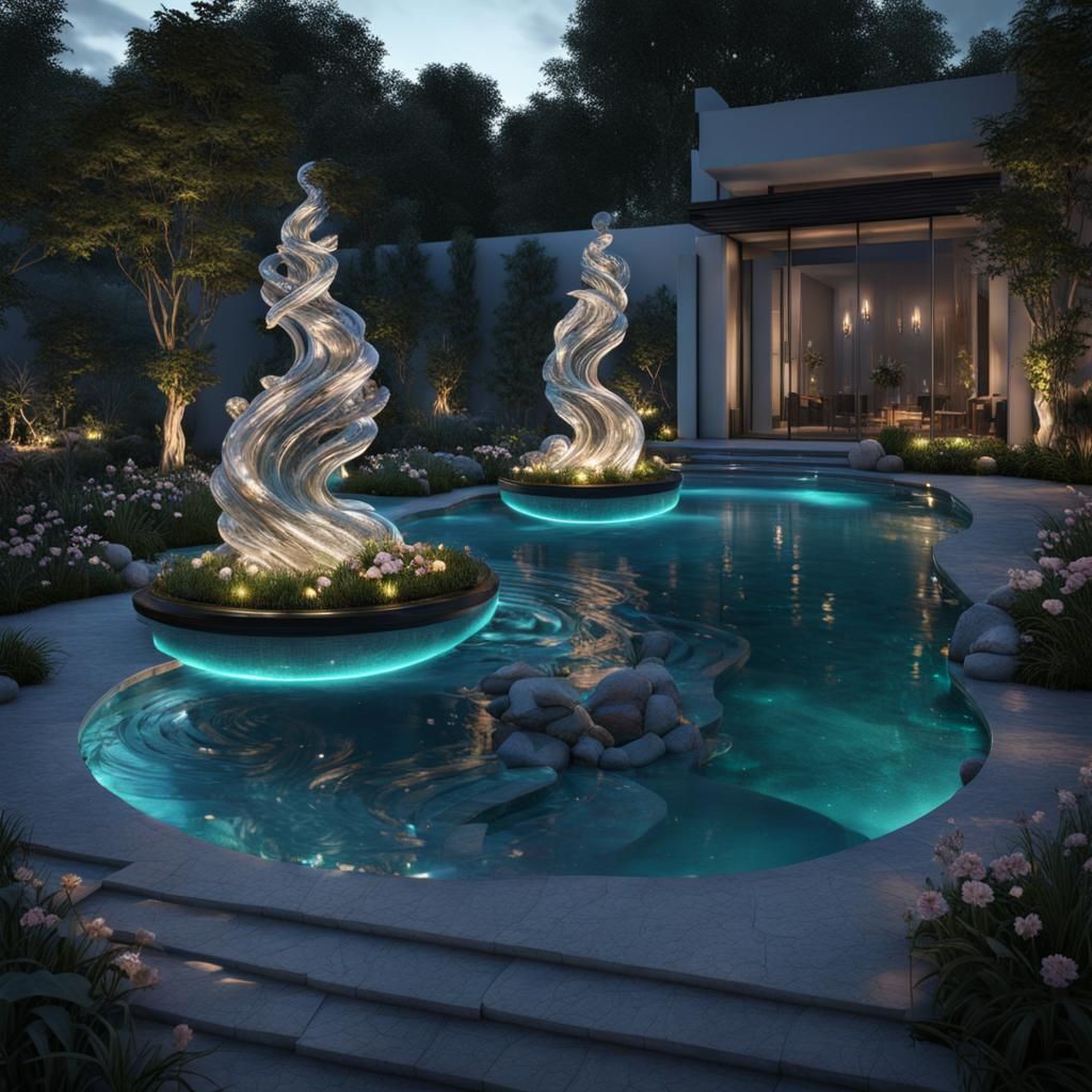 Modern Water Feature Design in Teal, Nighttime