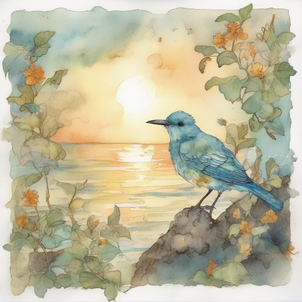 Vintage Botanical Bird in Whimsical Watercolor