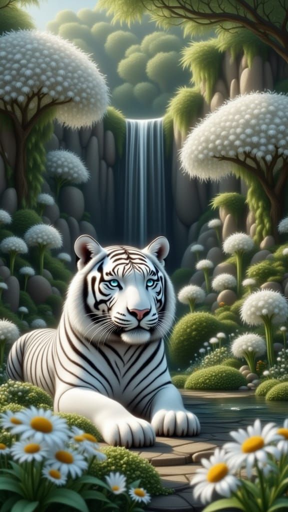 Majestic White Tiger in Lush Garden Waterfall