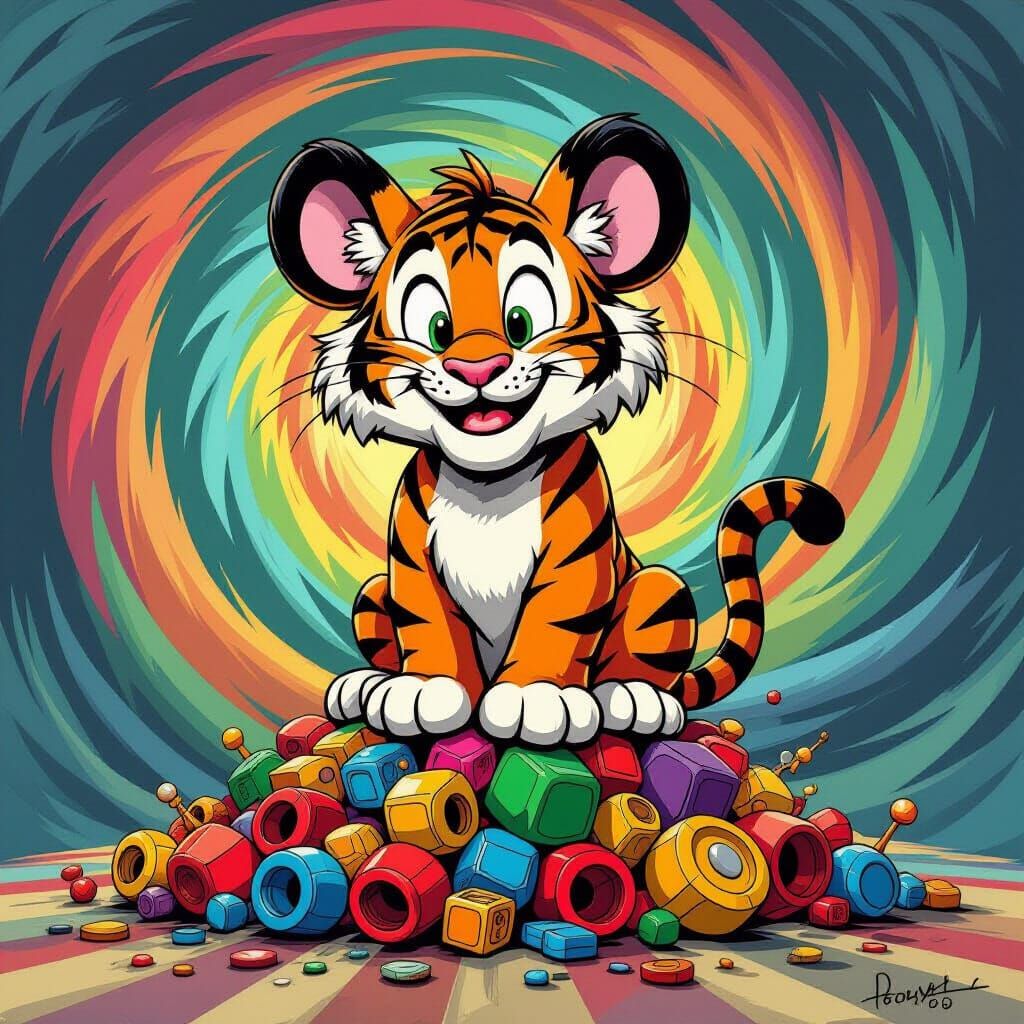 Whimsical Tiger with Giant Ears on Toy Pile