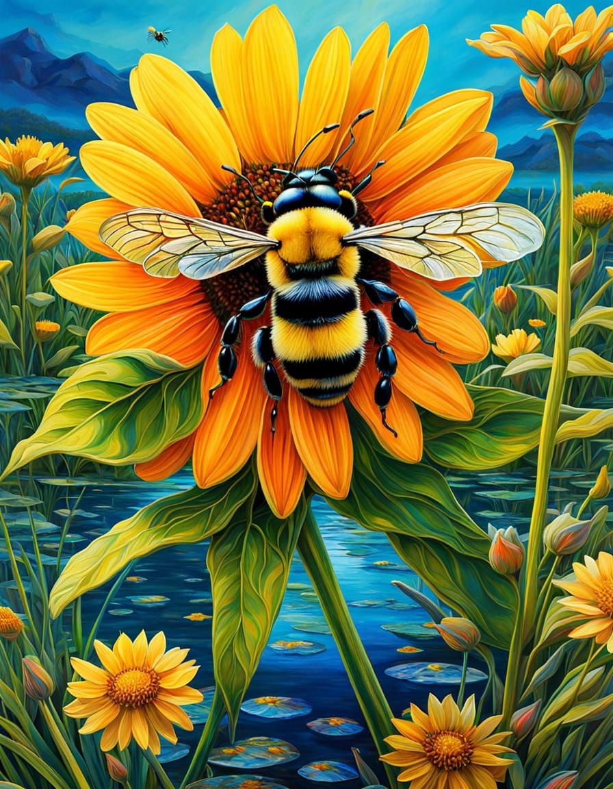 Cubist Honey Bee amidst Vibrant Wildflowers