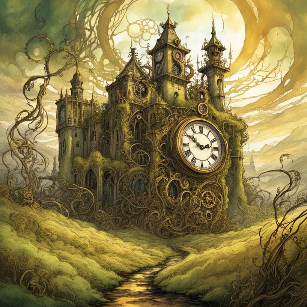 Mossy Gold Clock Tower in Arthur Rackham Style