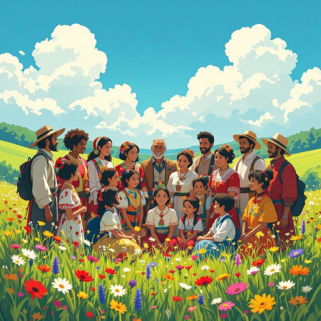 Diverse People in Meadow, Whimsical Dreamscape Style