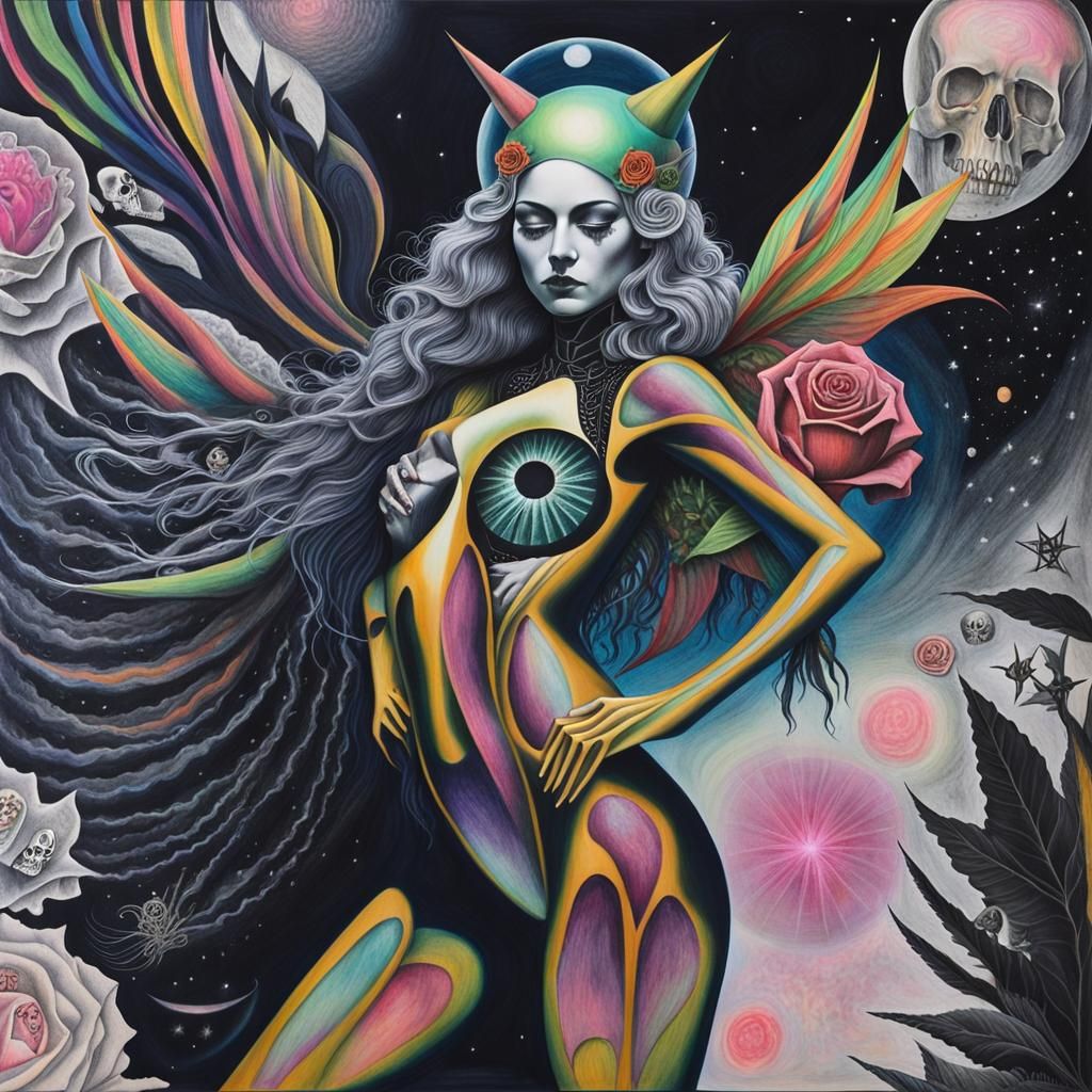 Gothic Woman in Pain: Surreal Crayon Rayograph