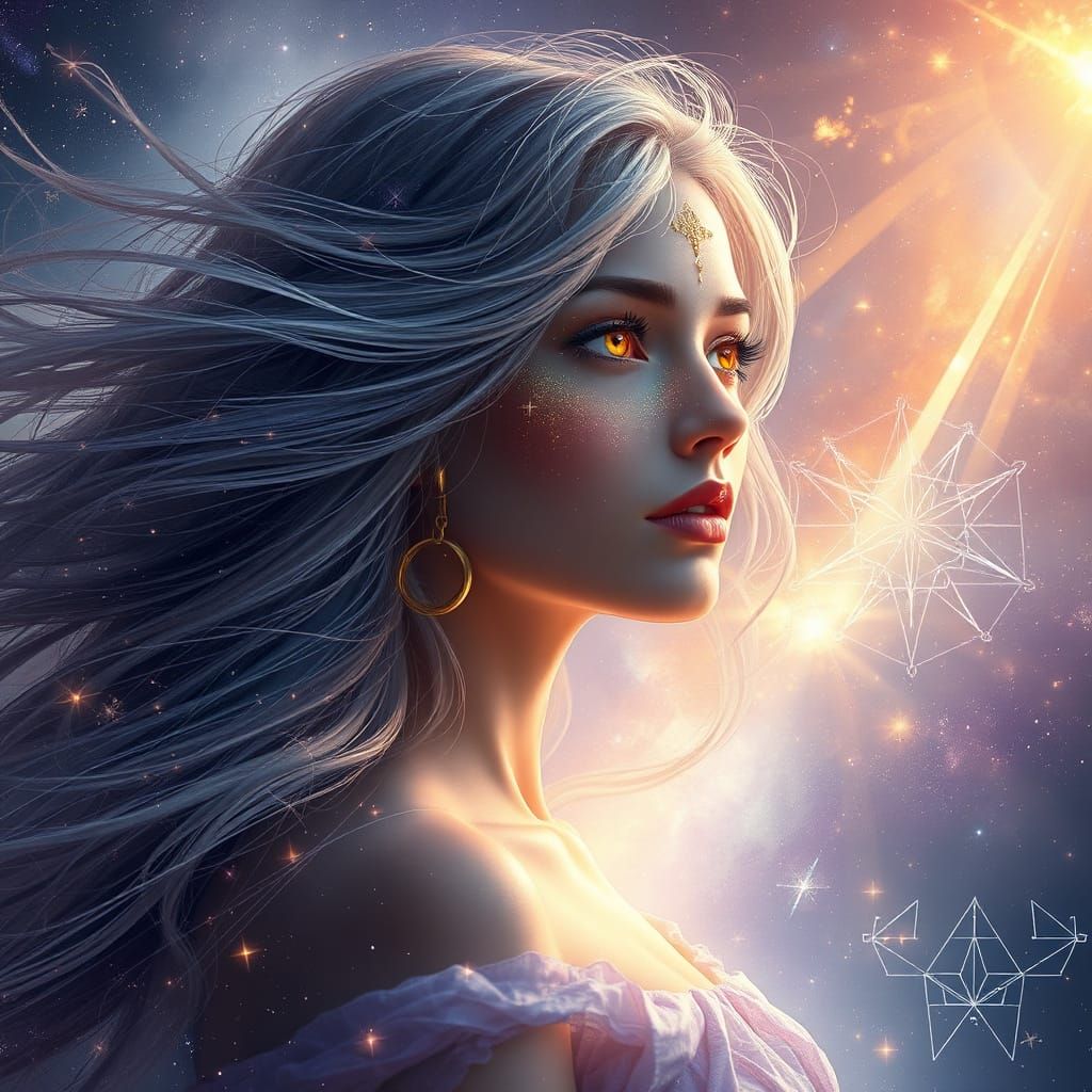 Ethereal Woman Gazing at Cosmic Universe in Digital Matte Pa...