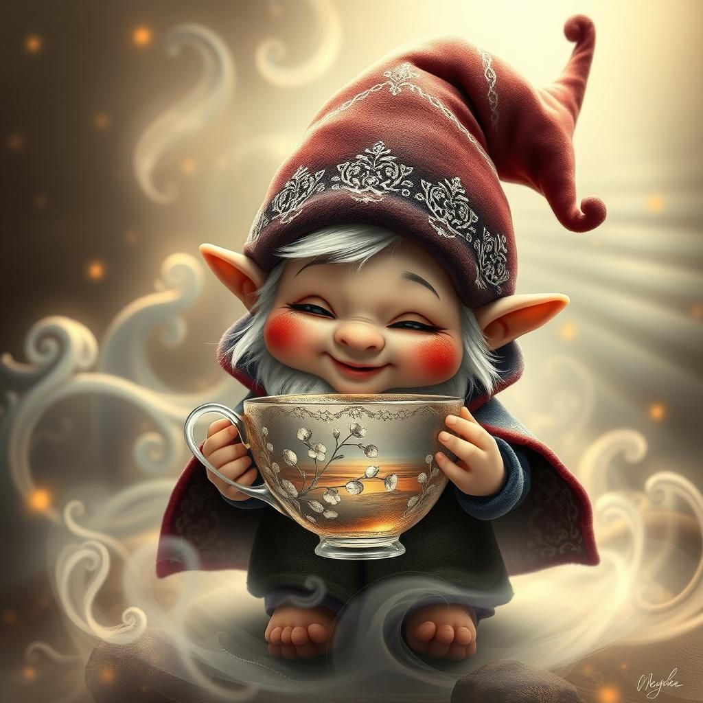 Gnome with Teacup in Whimsical Froud-Inspired Style