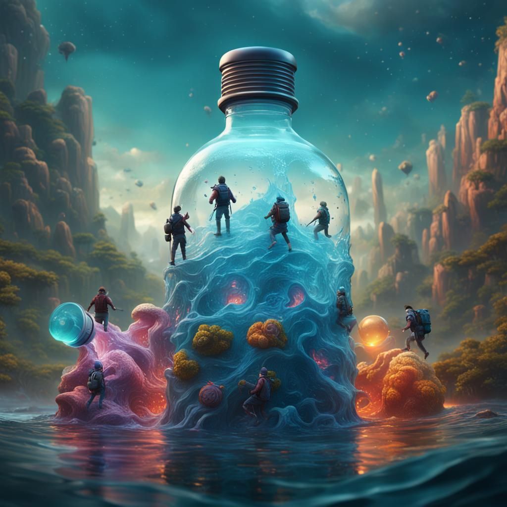 People Trapped in Water Bottle: Detailed Matte Painting