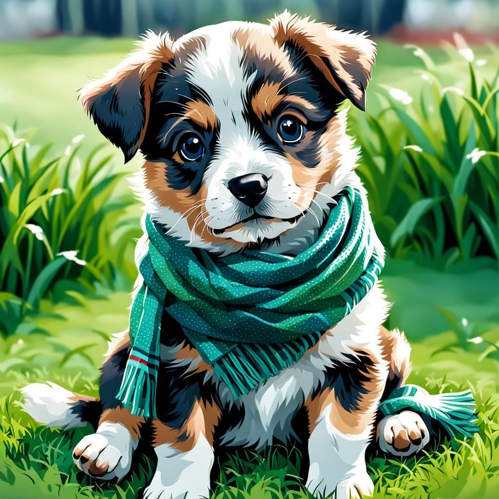 Cute Puppy in Scarf Sitting on Grass