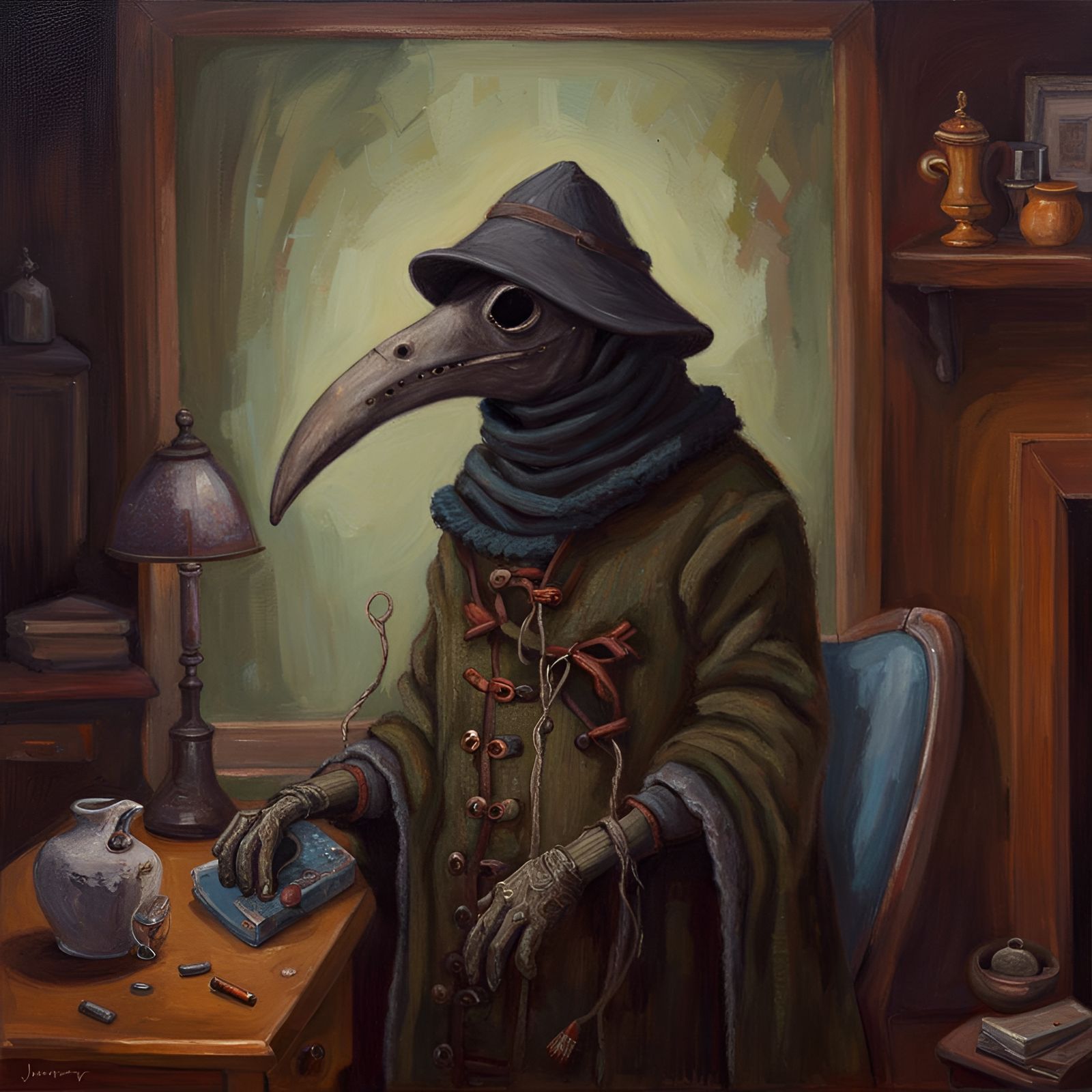 Cozy Plague Doctor in Nature as Oil Painting