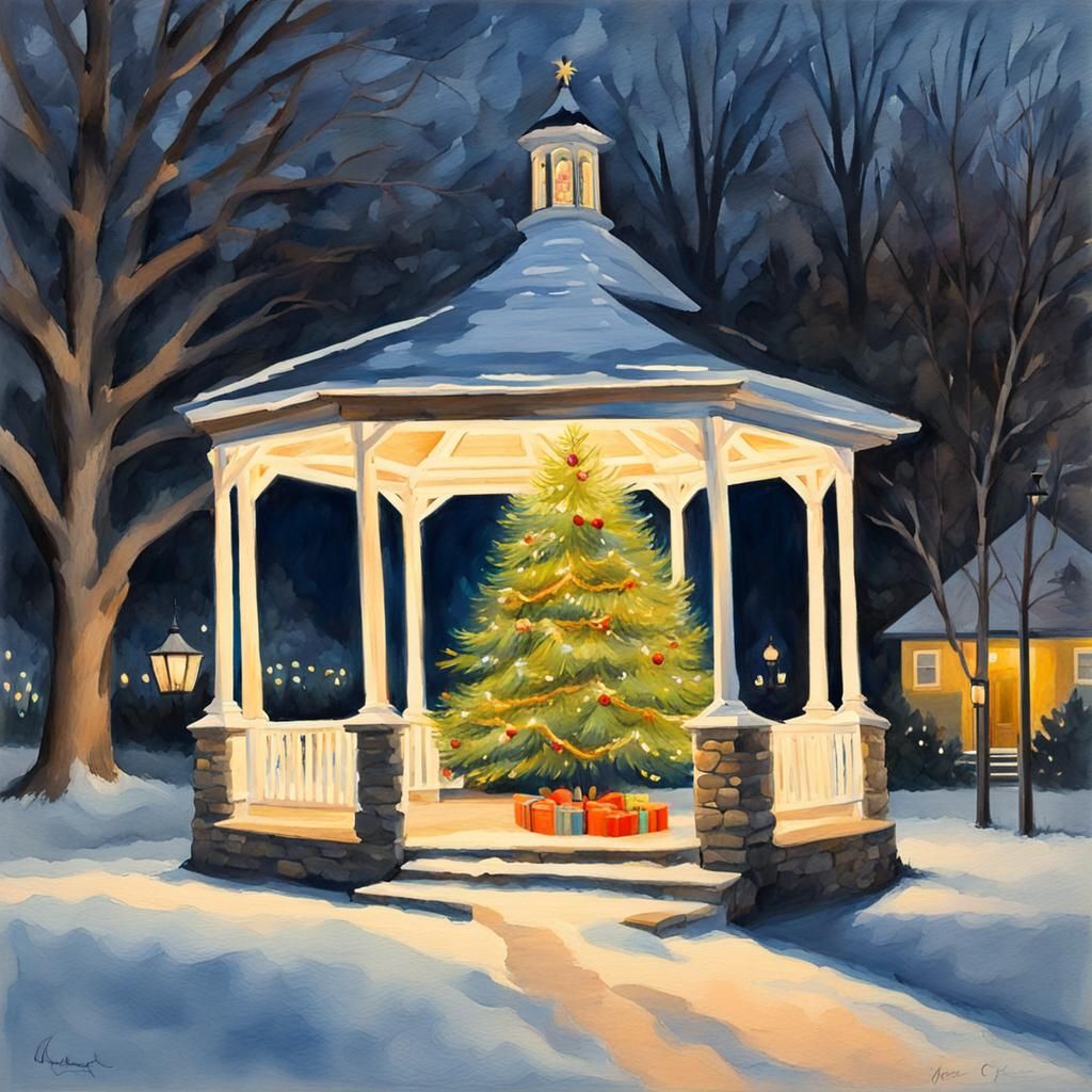 Christmas Tree in Gazebo: Gouache Style Impressionist Painti...