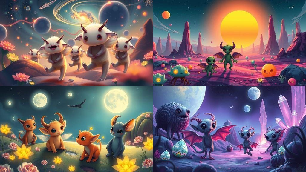 Cute Alien Animals with Tentacles, Horns, and Wings on Alien...